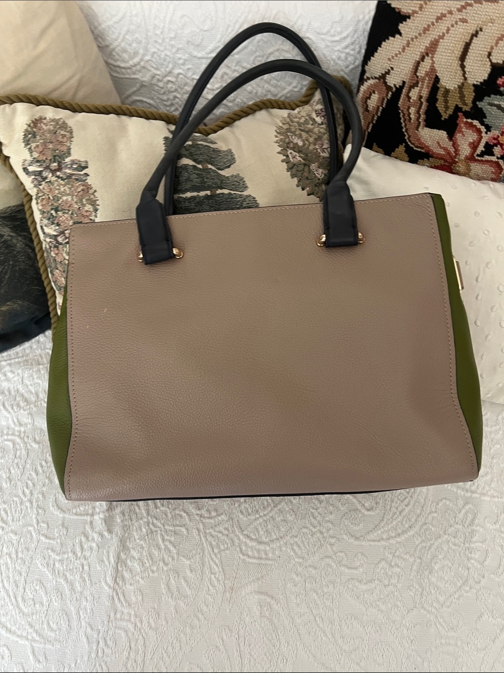 Coach Taupe and Olive Satchel with Black Handles - Picture 3 of 9
